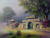 Hanif Shahzad, Mohatta Palace Gate II - Karachi, 21 x 28 Inch, Oil on Canvas, Landscape Painting, AC-HNS-119